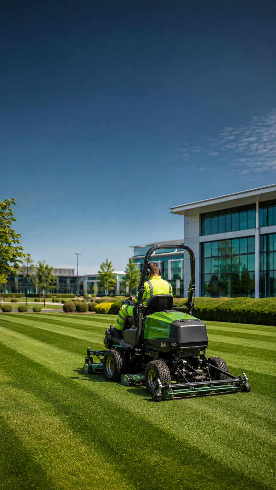 Commercial grounds-maintenance team mowing a business site